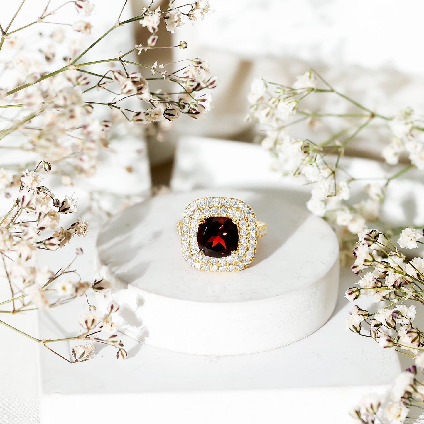Natural Garnet Double Halo Engagement Ring with Moissanite