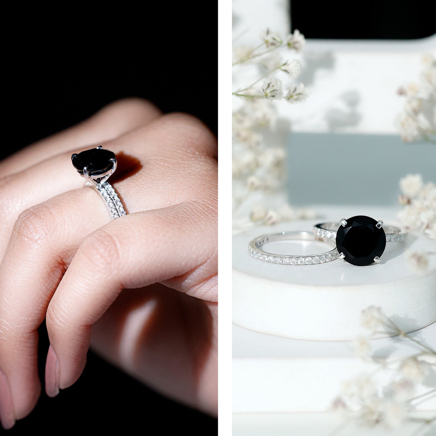 Certified 4.5 Carat Lab Grown Black Diamond Engagement Ring with Moissanite Wedding Band