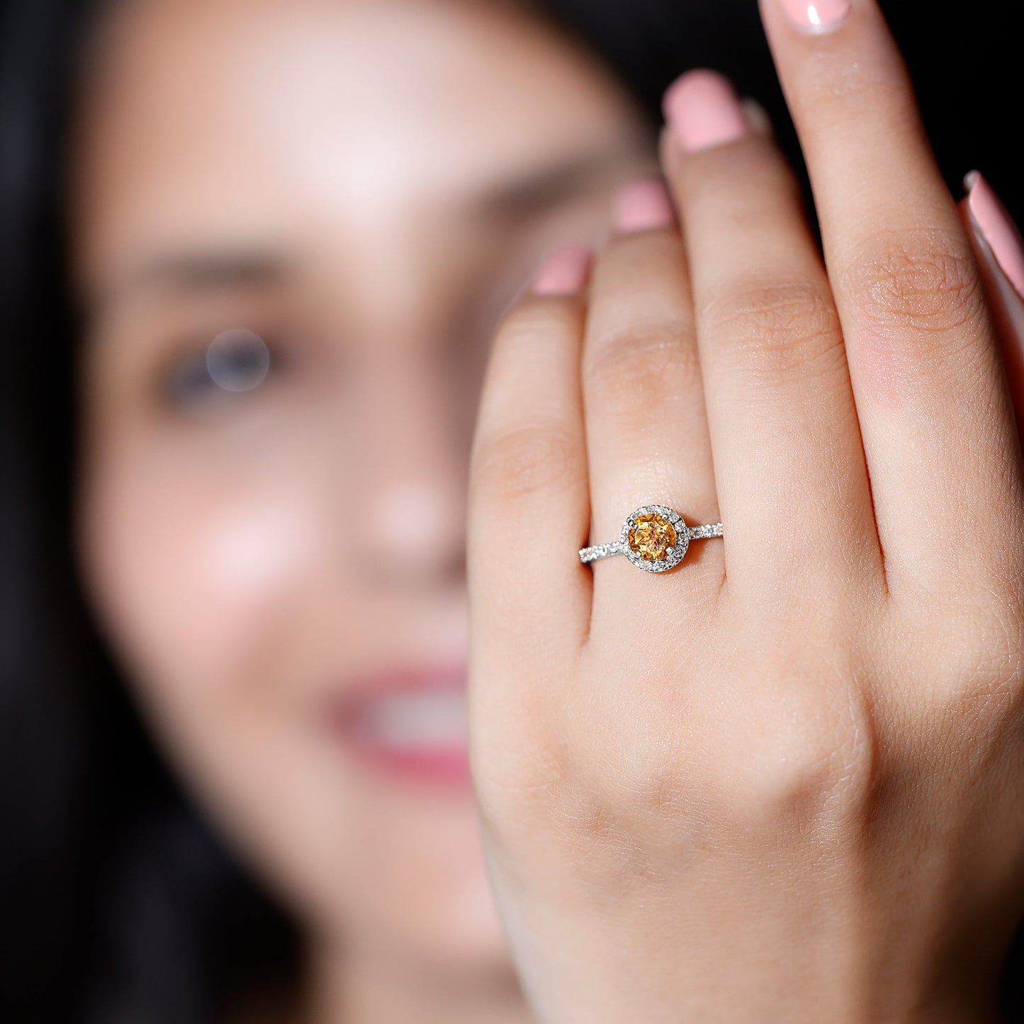 Round Cut Citrine and Diamond Classic Engagement Ring