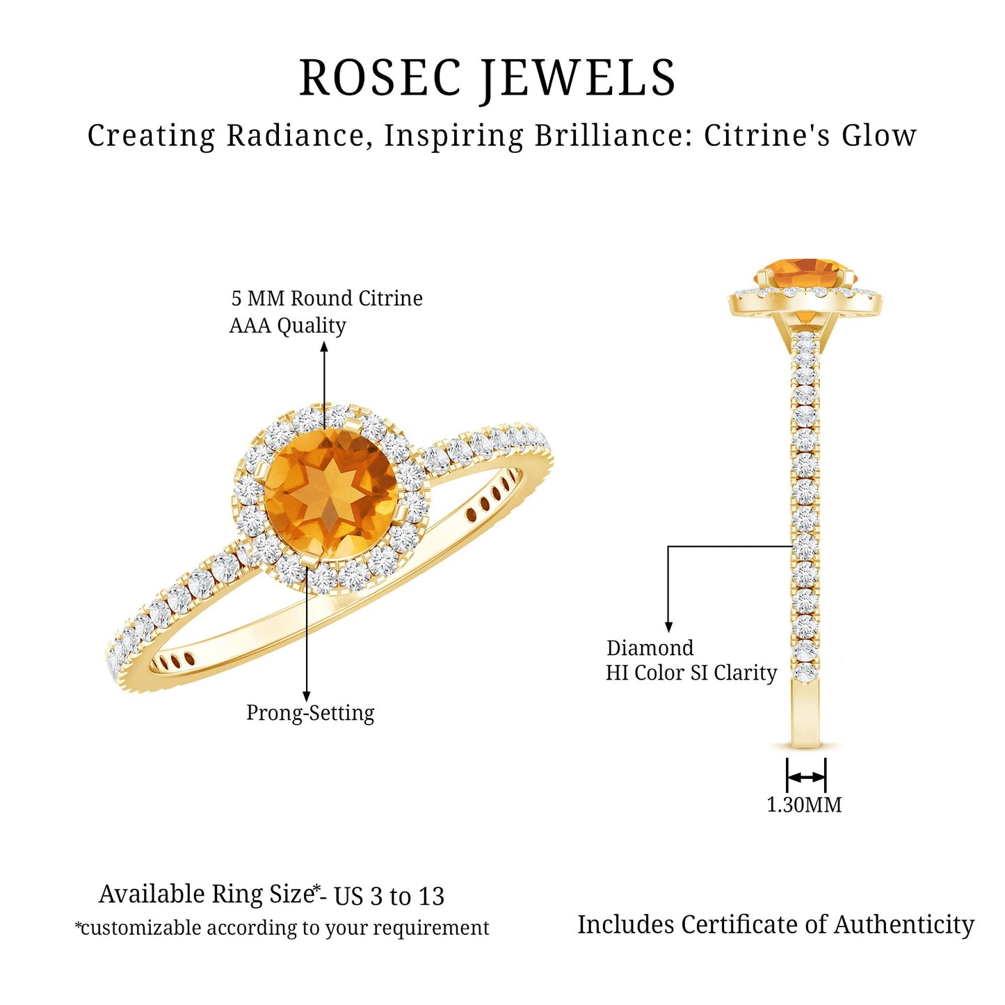 Round Cut Citrine and Diamond Classic Engagement Ring