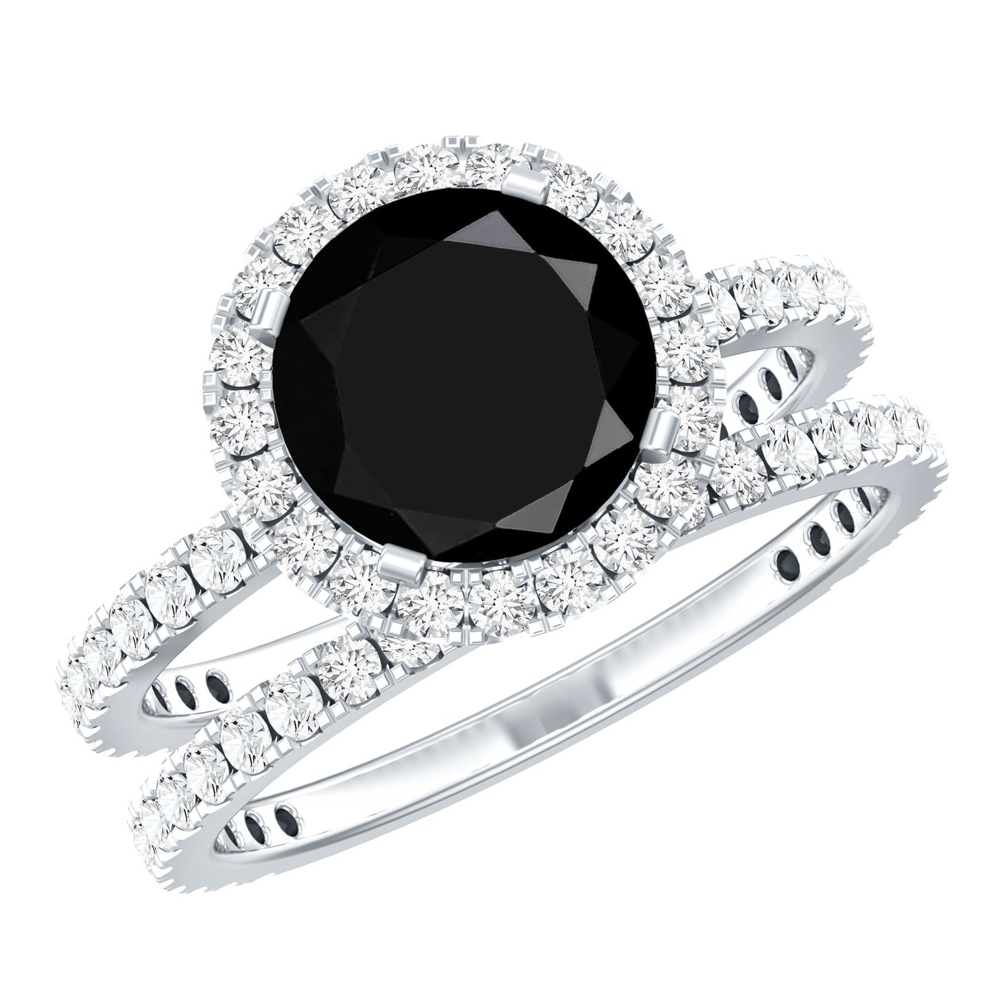 2 Carat Lab Grown Black Diamond Engagement Ring with Moissanite Wedding Band
