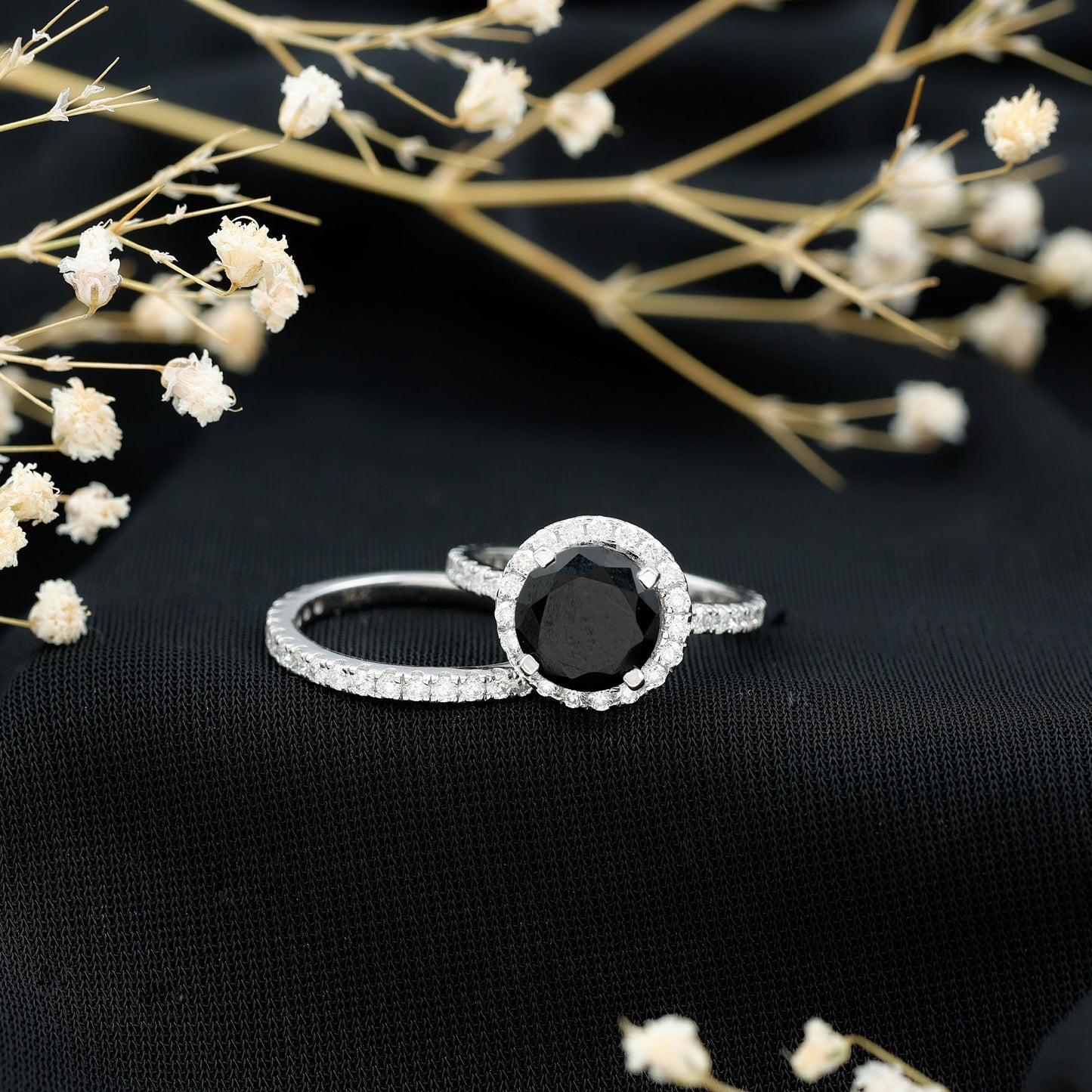2 Carat Lab Grown Black Diamond Engagement Ring with Moissanite Wedding Band
