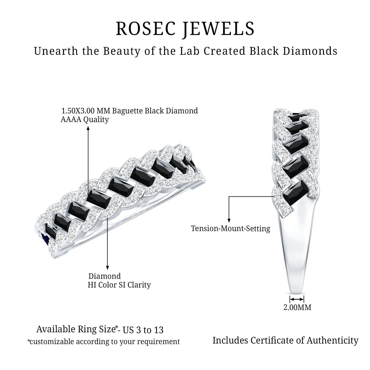 Certified Lab Grown Black and White Diamond Half Eternity Band Ring for Anniversary