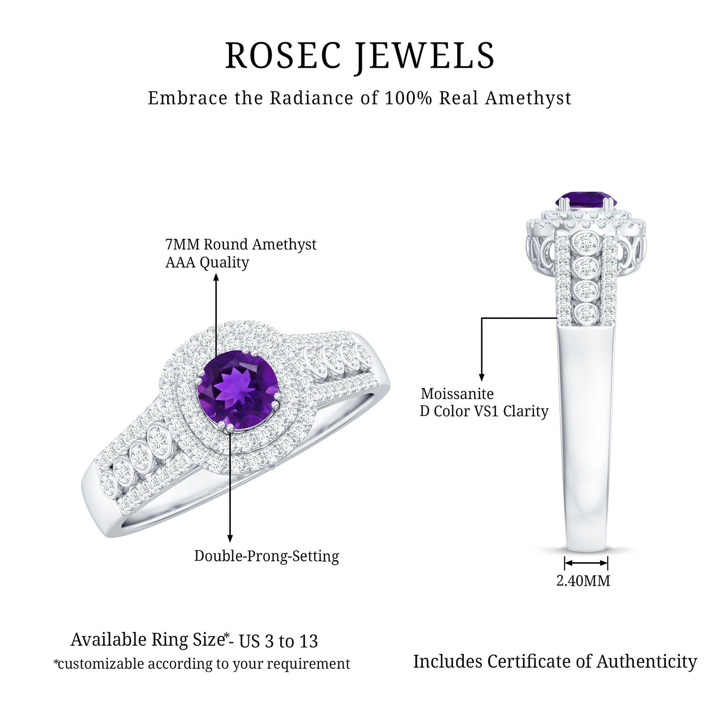 Natural 1.2 Carat Amethyst Engagement Ring with Moissanite Double Halo