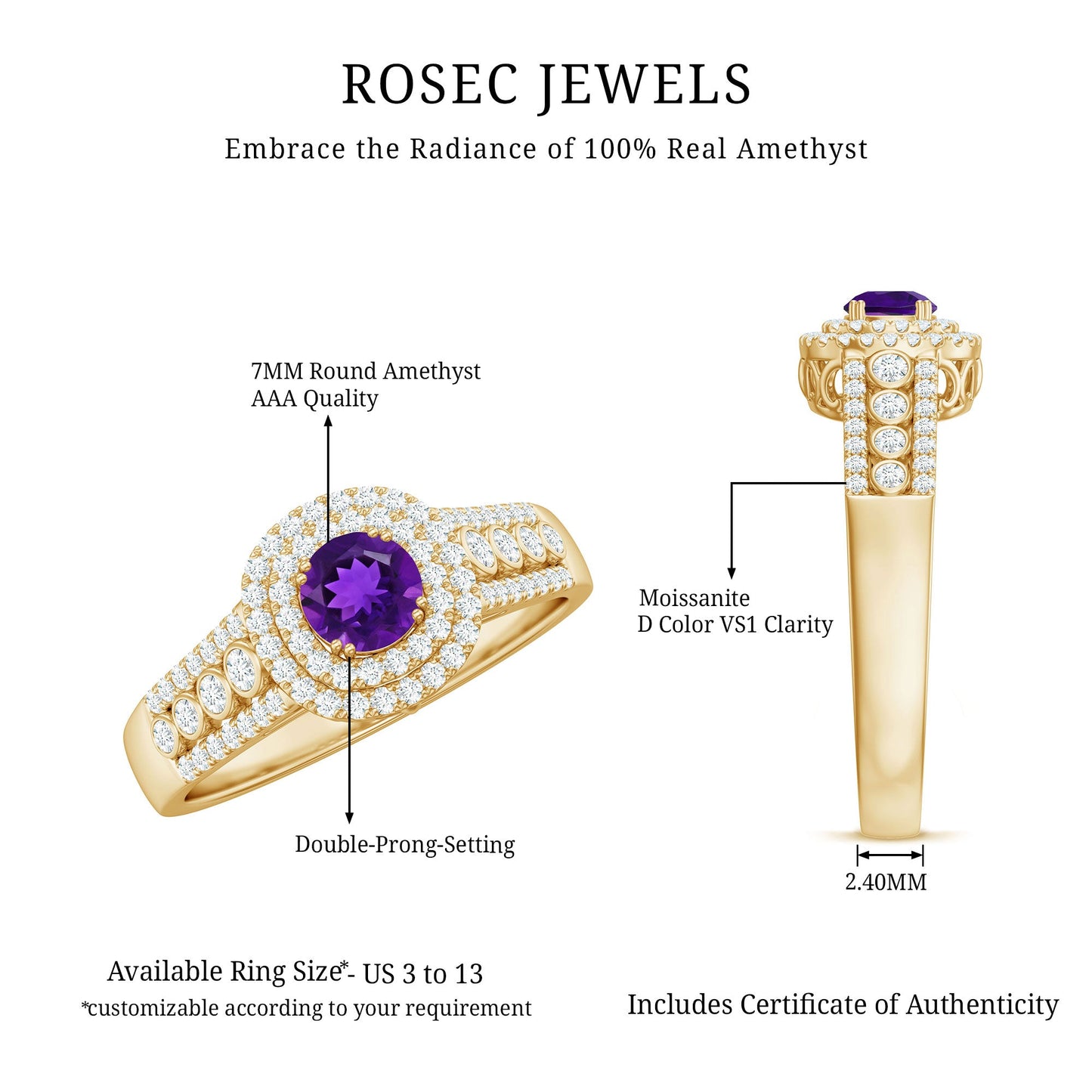 Natural 1.2 Carat Amethyst Engagement Ring with Moissanite Double Halo