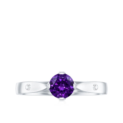 0.4 Carat Solitaire Round Shape Amethyst Ring with Diamond