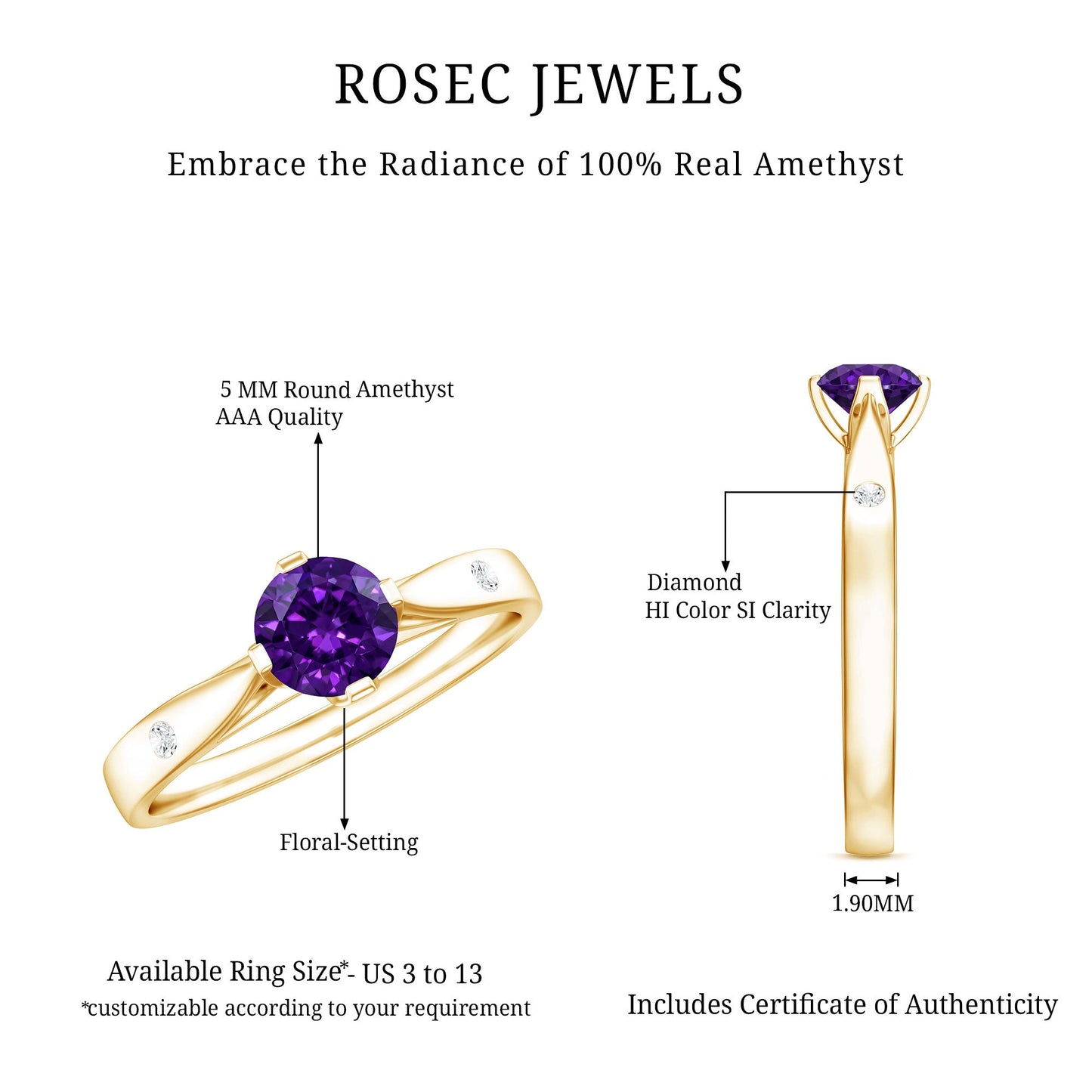 0.4 Carat Solitaire Round Shape Amethyst Ring with Diamond