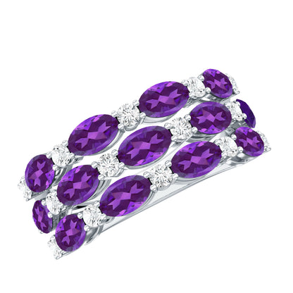 Certified Amethyst and Moissanite Three Row Wedding Band