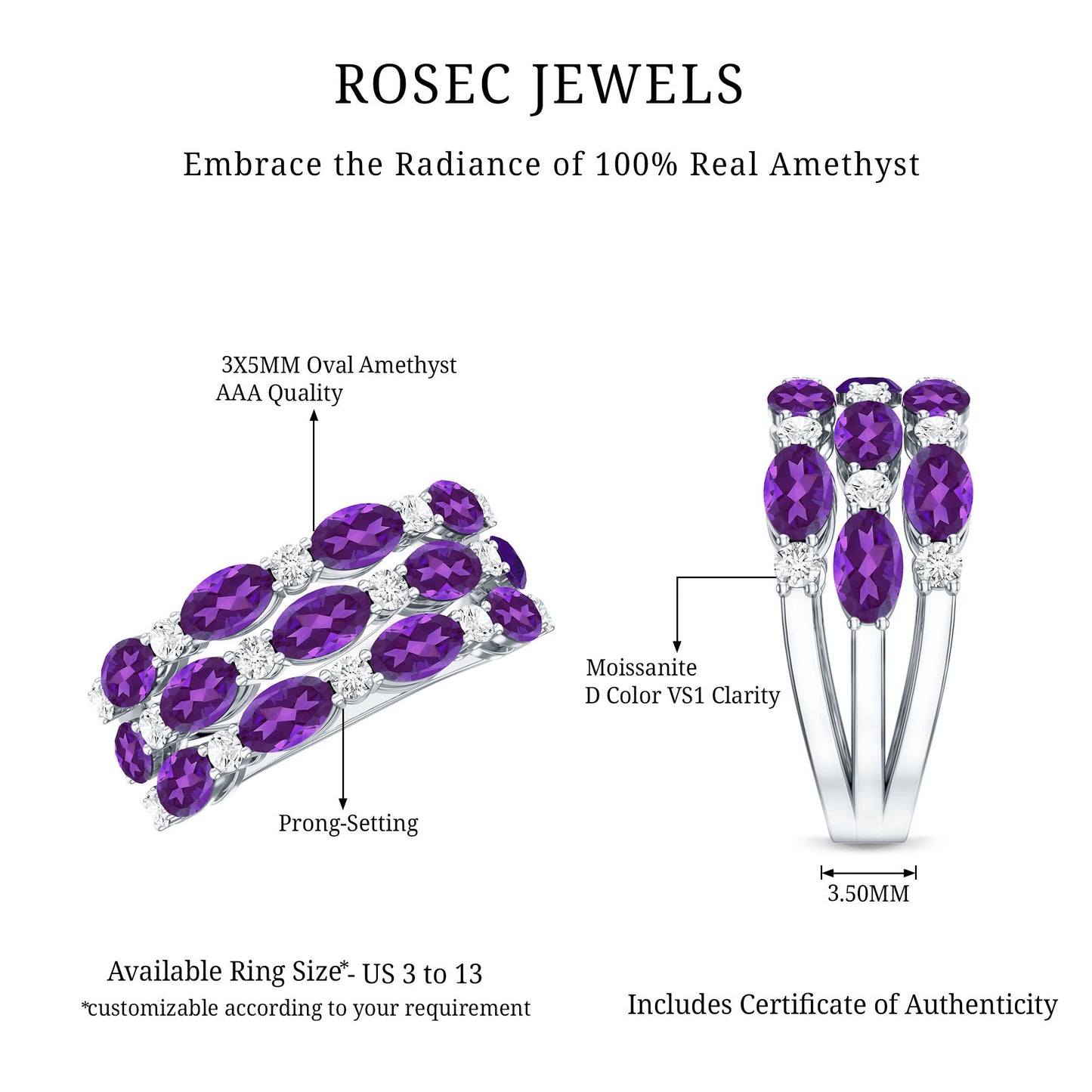Certified Amethyst and Moissanite Three Row Wedding Band