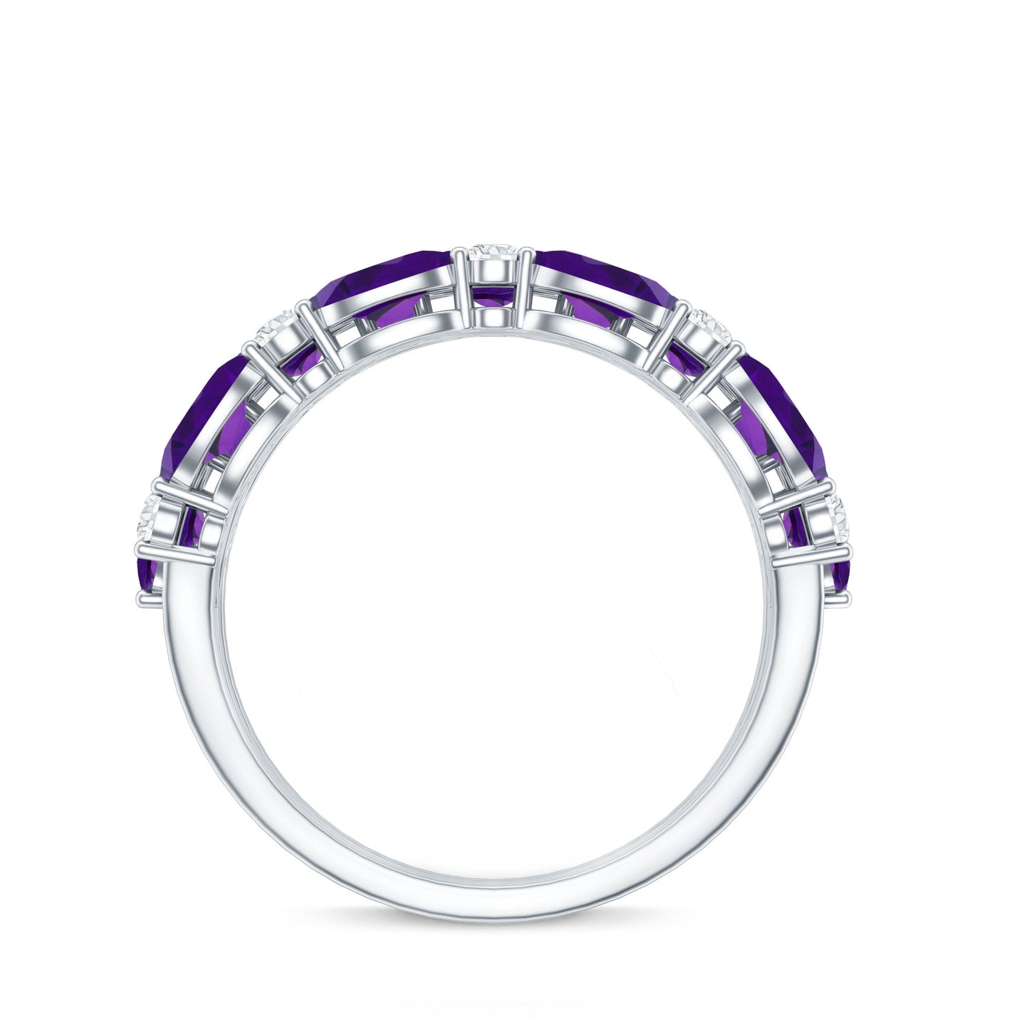 Certified Amethyst and Moissanite Three Row Wedding Band