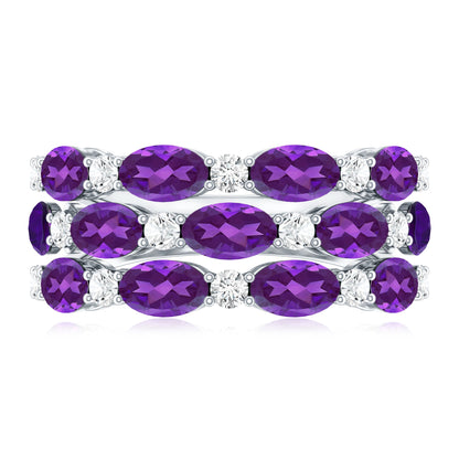 Certified Amethyst and Moissanite Three Row Wedding Band