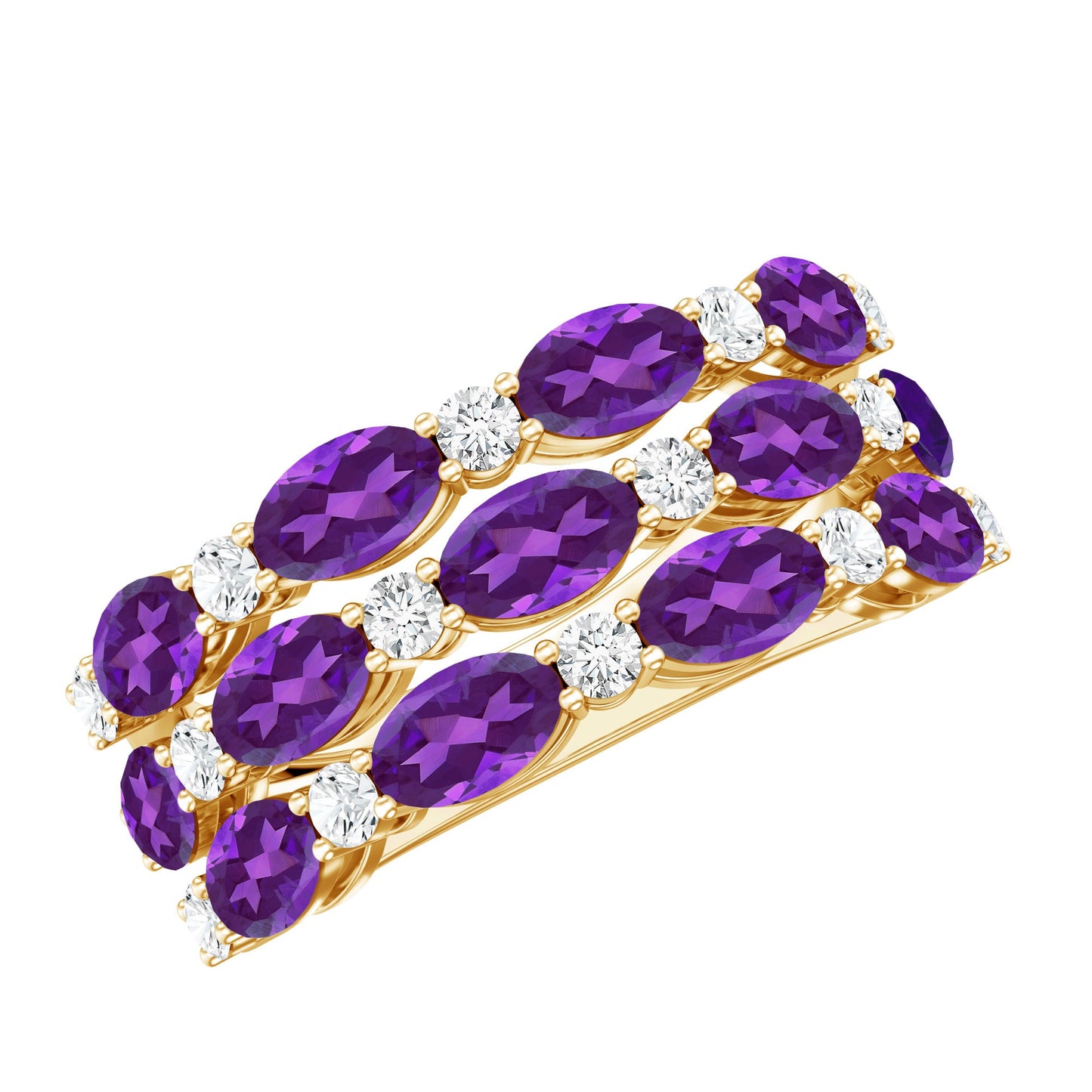 Certified Amethyst and Moissanite Three Row Wedding Band
