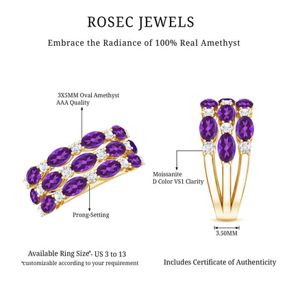 Certified Amethyst and Moissanite Three Row Wedding Band
