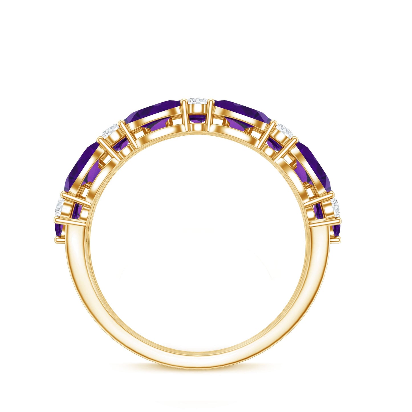 Certified Amethyst and Moissanite Three Row Wedding Band