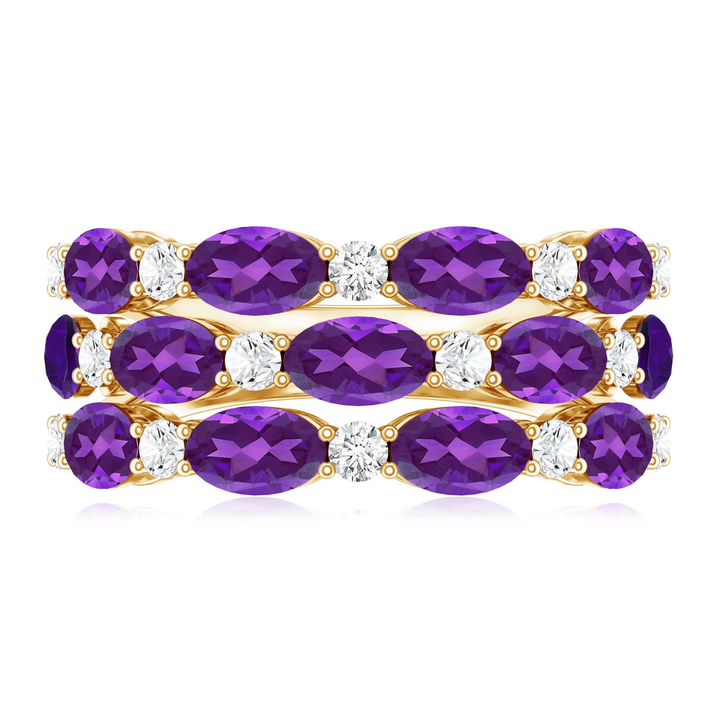 Certified Amethyst and Moissanite Three Row Wedding Band