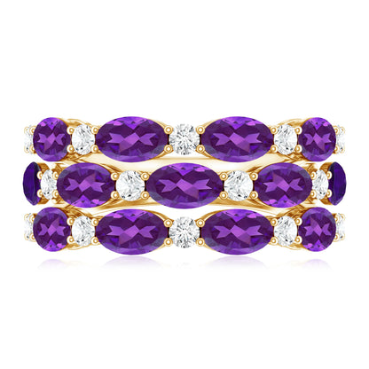 Certified Amethyst and Moissanite Three Row Wedding Band
