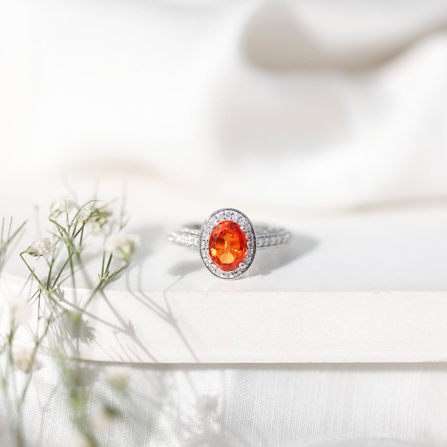 1.5 Carat Lab Grown Orange Sapphire Engagement Ring with Diamond Halo