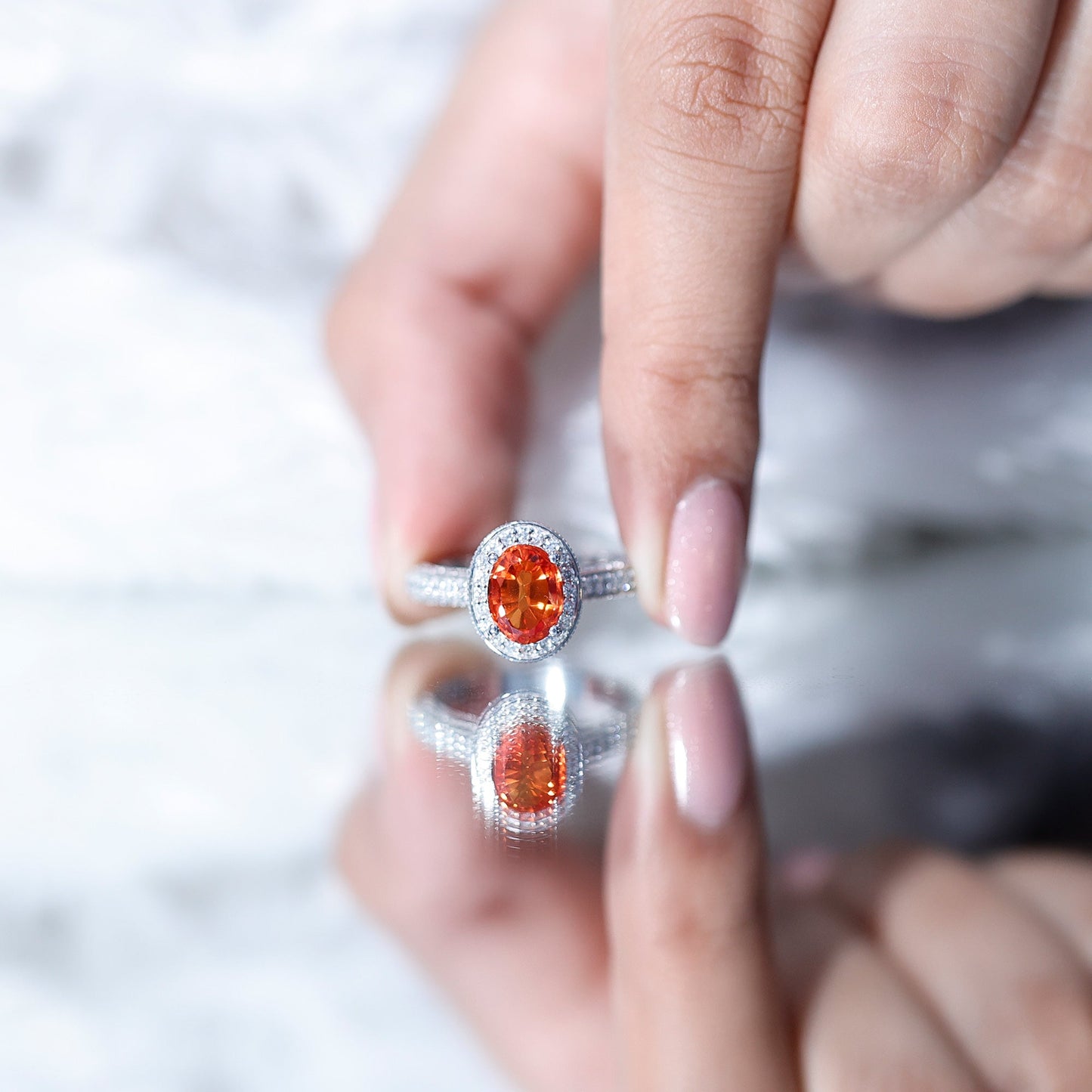 1.5 Carat Lab Grown Orange Sapphire Engagement Ring with Diamond Halo