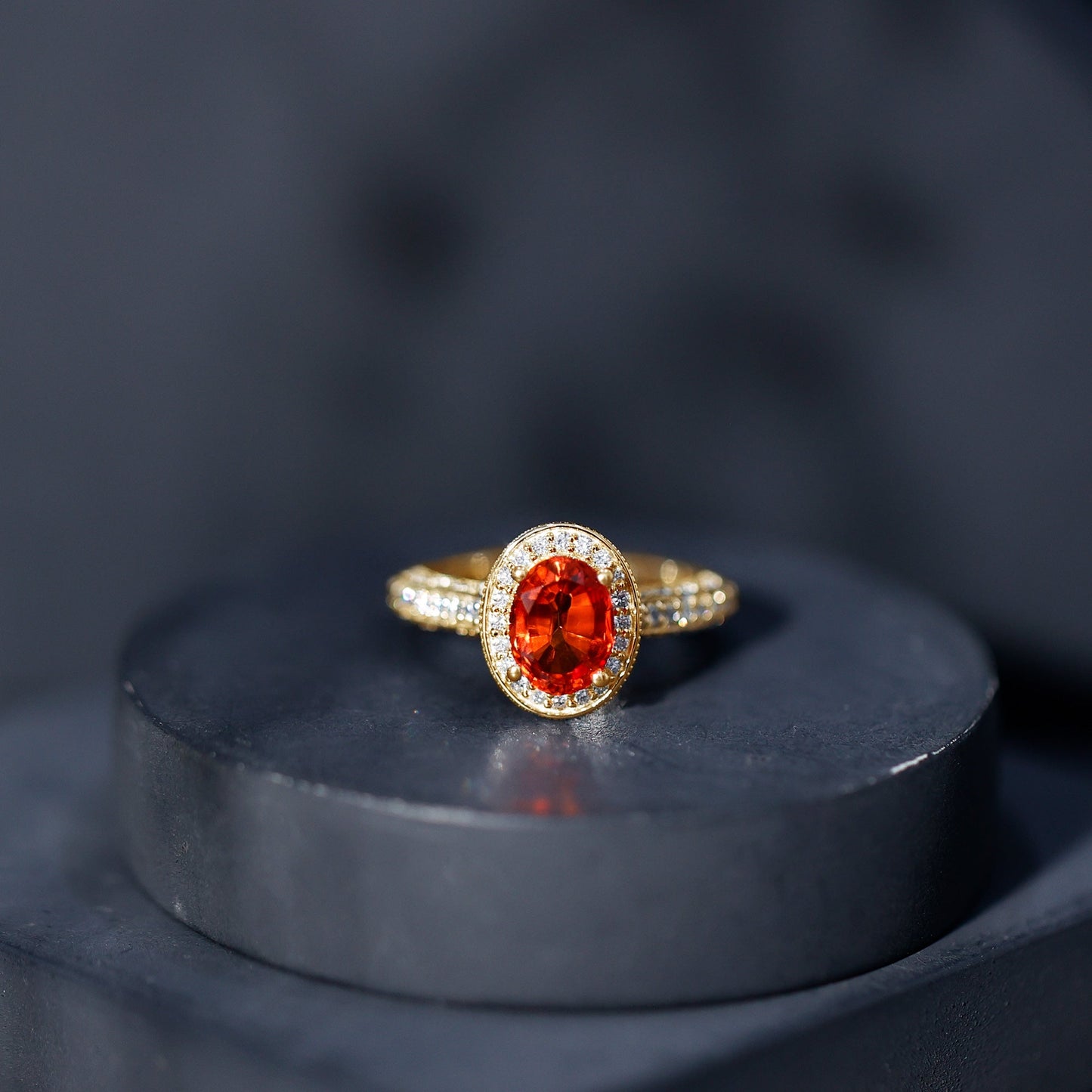 1.5 Carat Lab Grown Orange Sapphire Engagement Ring with Diamond Halo