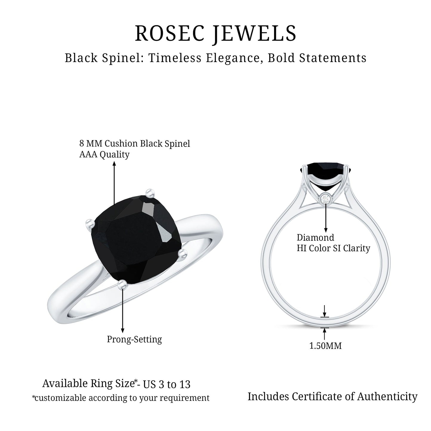 2 Carat Cushion Cut Black Spinel Solitaire Engagement Ring