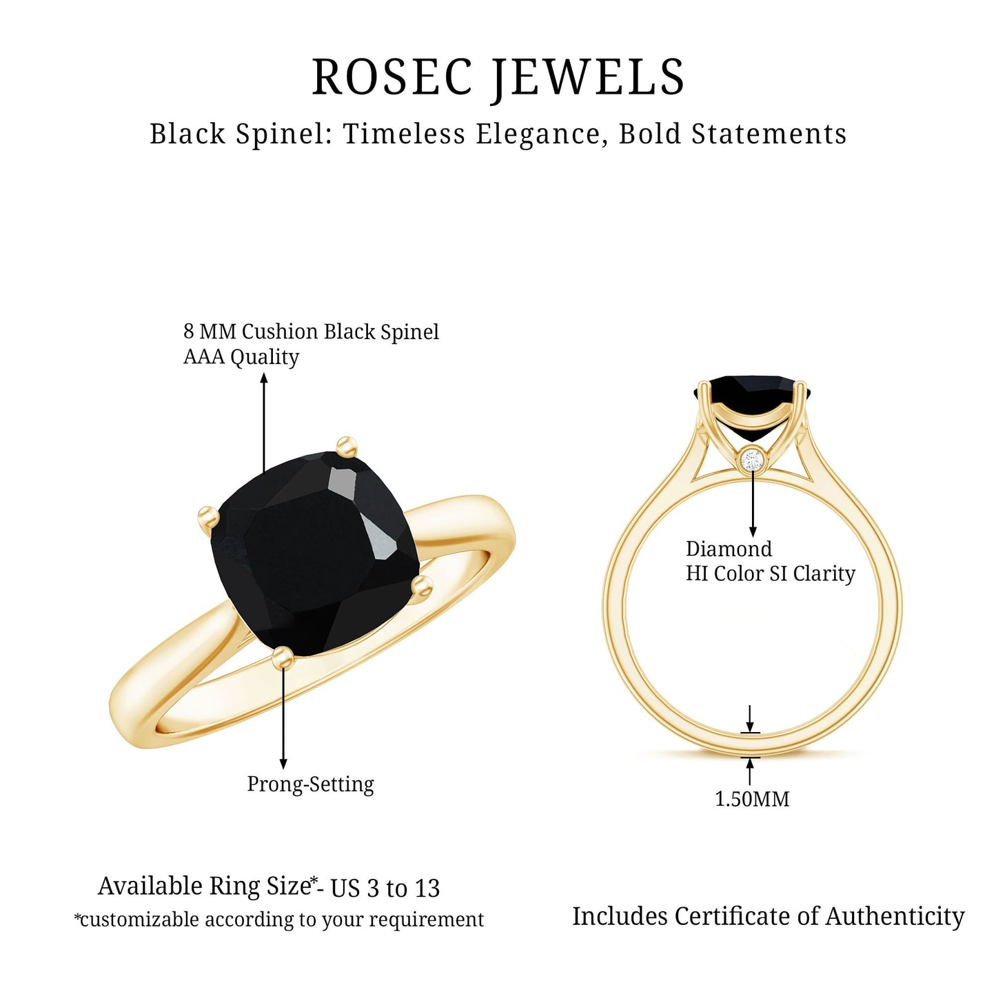 2 Carat Cushion Cut Black Spinel Solitaire Engagement Ring