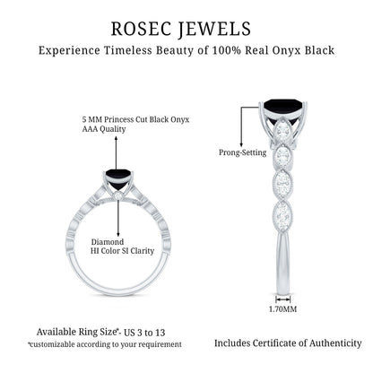 Princess Cut Black Onyx and Diamond Designer Engagement Ring