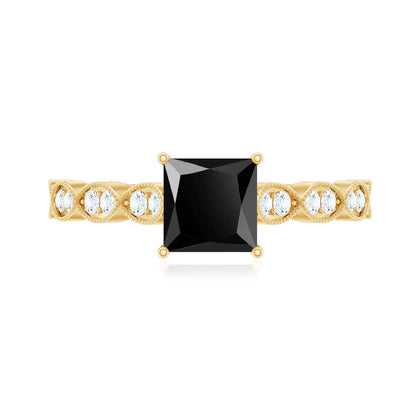 Princess Cut Black Onyx and Diamond Designer Engagement Ring