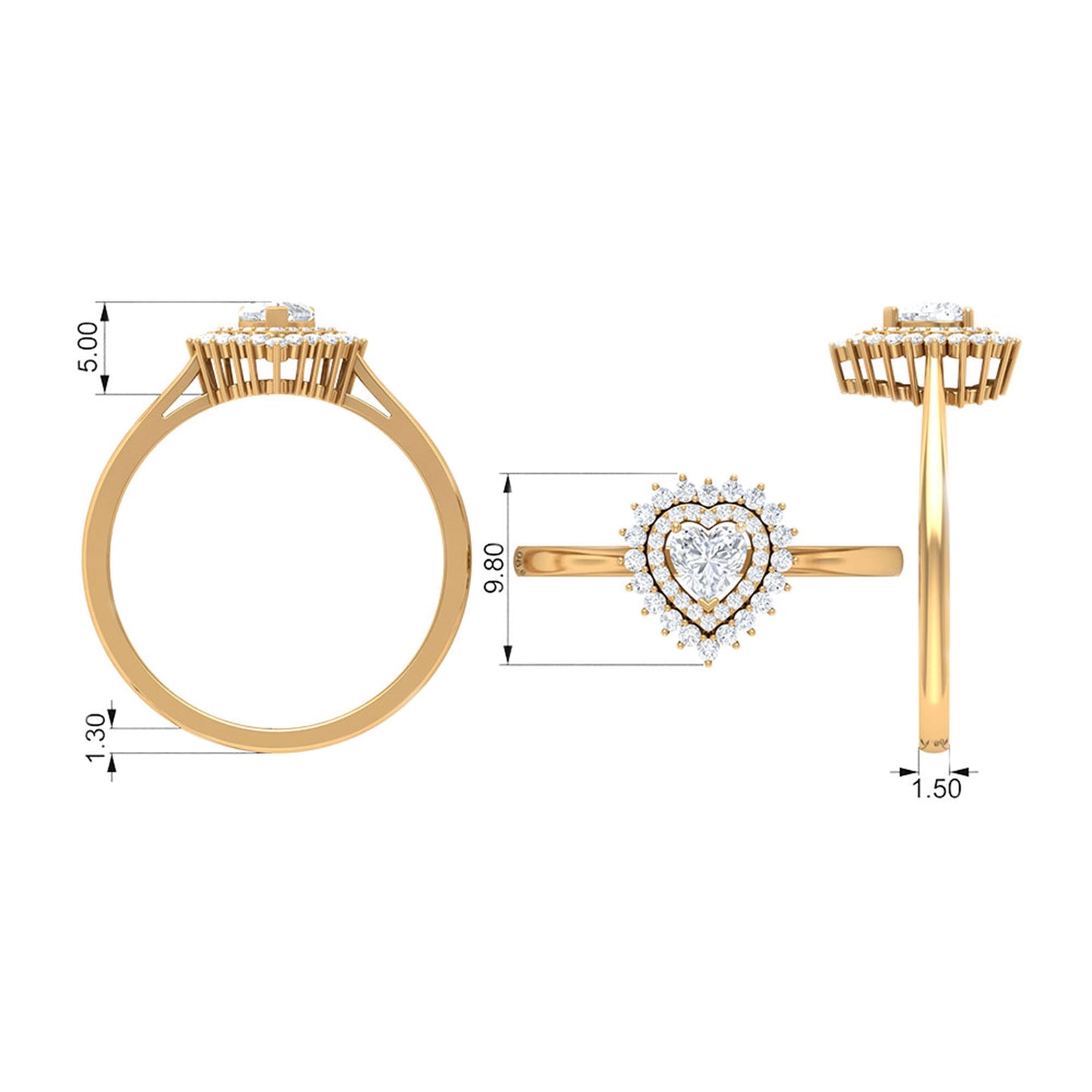 Certified Real 0.27 Carat Diamond Heart Engagement Ring with Double Halo