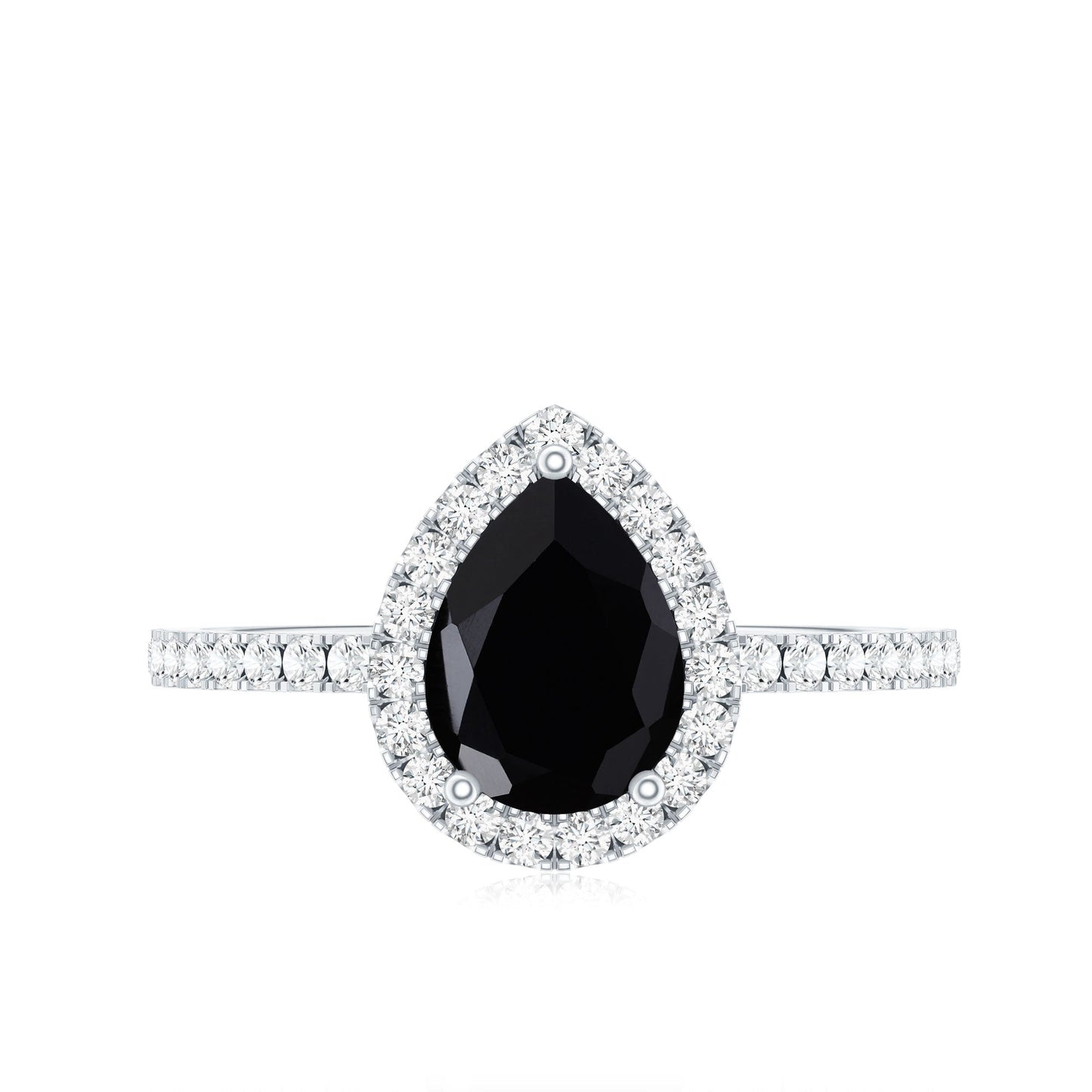 Natural Black Spinel Pear Shaped Engagement Ring with Diamond Halo