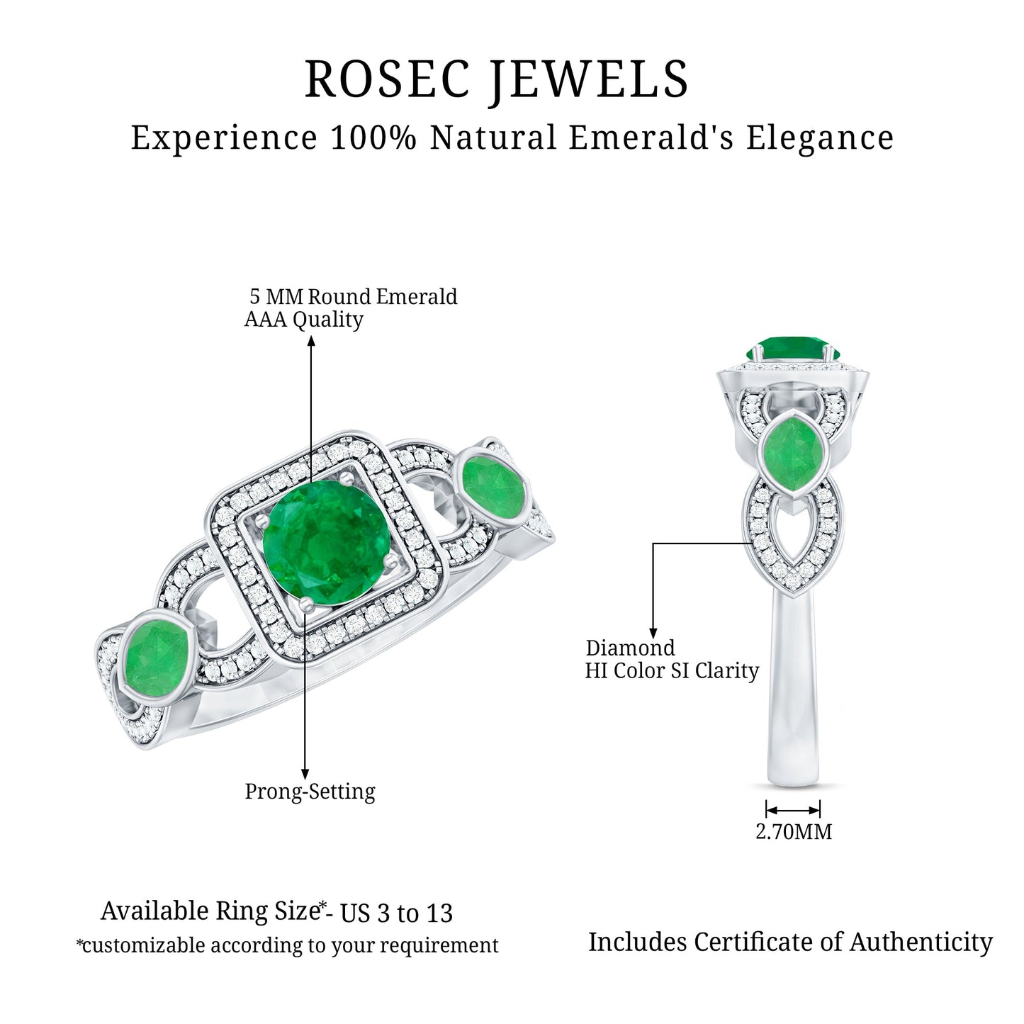 Vintage Style Emerald and Diamond Engagement Ring for Women