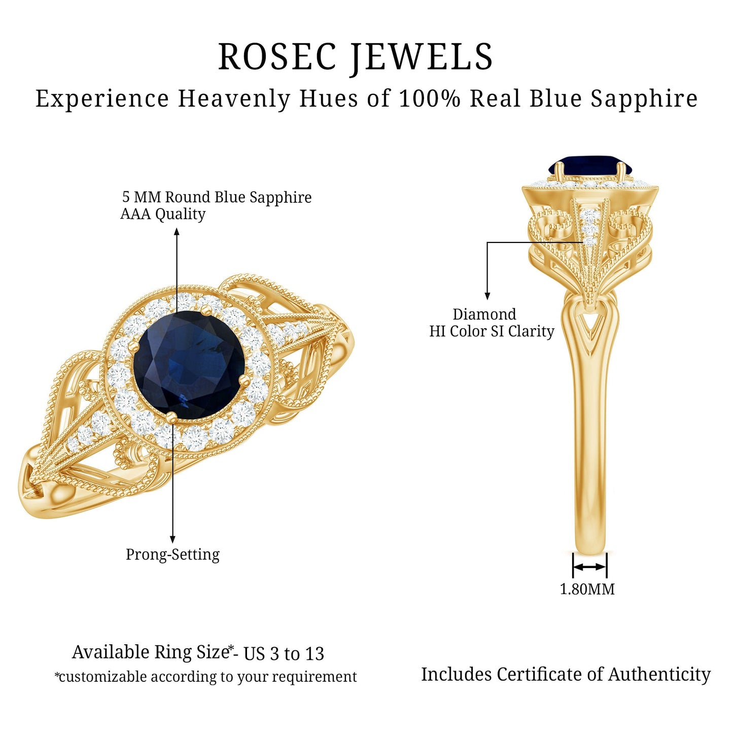 Vintage Looking Blue Sapphire with Diamond Halo Engagement Ring
