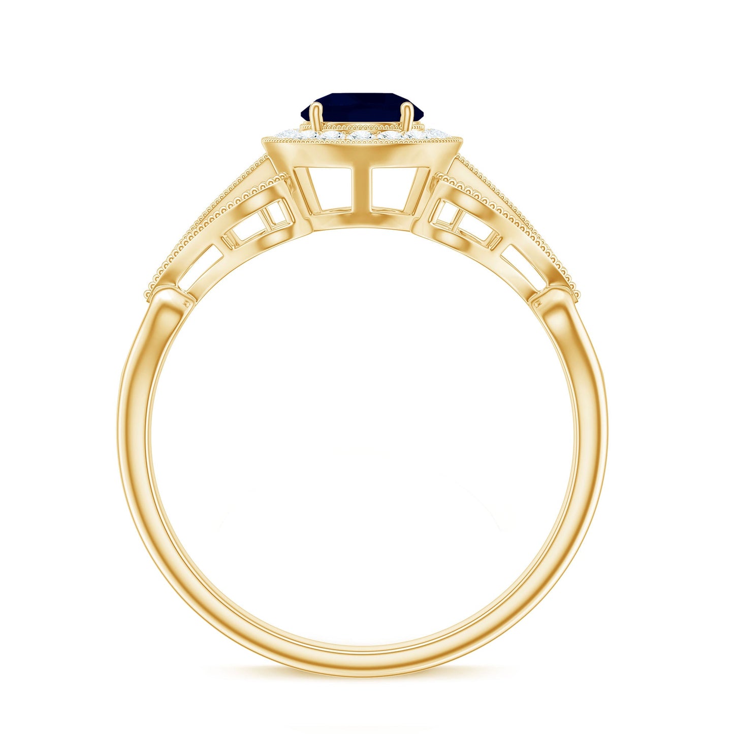 Vintage Looking Blue Sapphire with Diamond Halo Engagement Ring