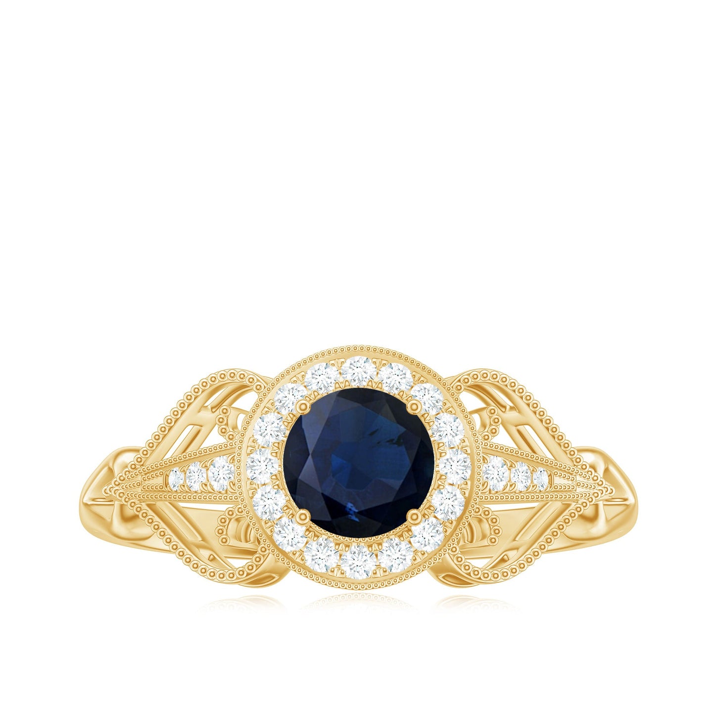 Vintage Looking Blue Sapphire with Diamond Halo Engagement Ring