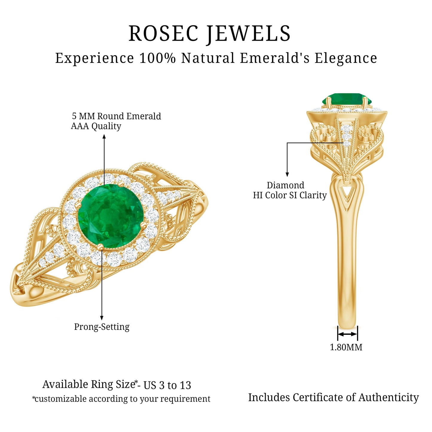 AAA Quality Emerald and Diamond Vintage Inspired Engagement Ring