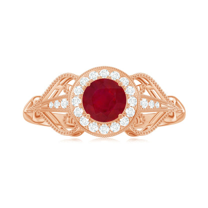 Natural 0.6 Carat Ruby Retro Engagement Ring with Diamond Halo