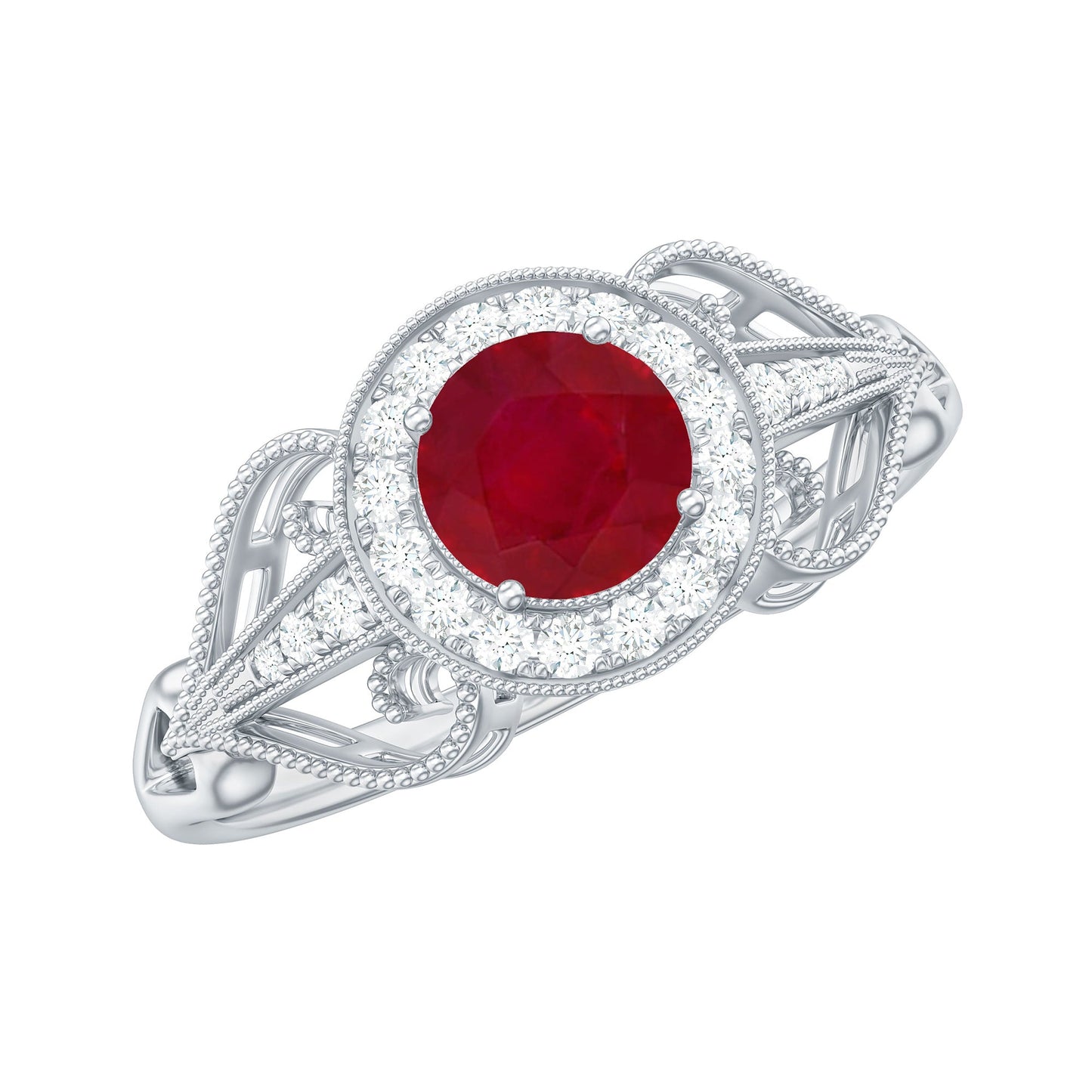 Natural 0.6 Carat Ruby Retro Engagement Ring with Diamond Halo