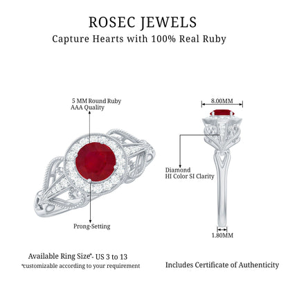 Natural 0.6 Carat Ruby Retro Engagement Ring with Diamond Halo