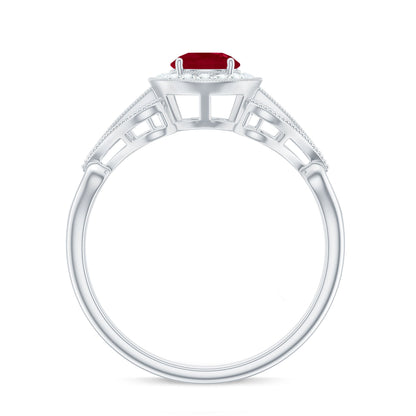 Natural 0.6 Carat Ruby Retro Engagement Ring with Diamond Halo