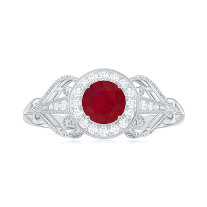 Natural 0.6 Carat Ruby Retro Engagement Ring with Diamond Halo