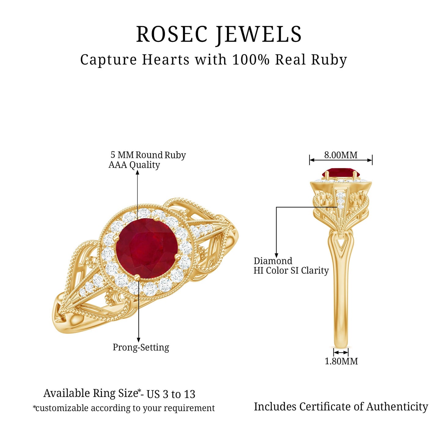 Natural 0.6 Carat Ruby Retro Engagement Ring with Diamond Halo