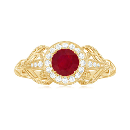 Natural 0.6 Carat Ruby Retro Engagement Ring with Diamond Halo