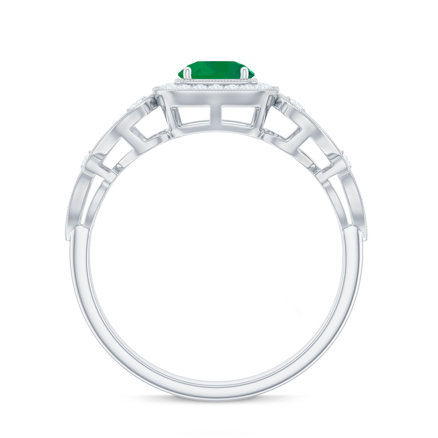 Vintage Looking Emerald Engagement Ring with Diamond Halo