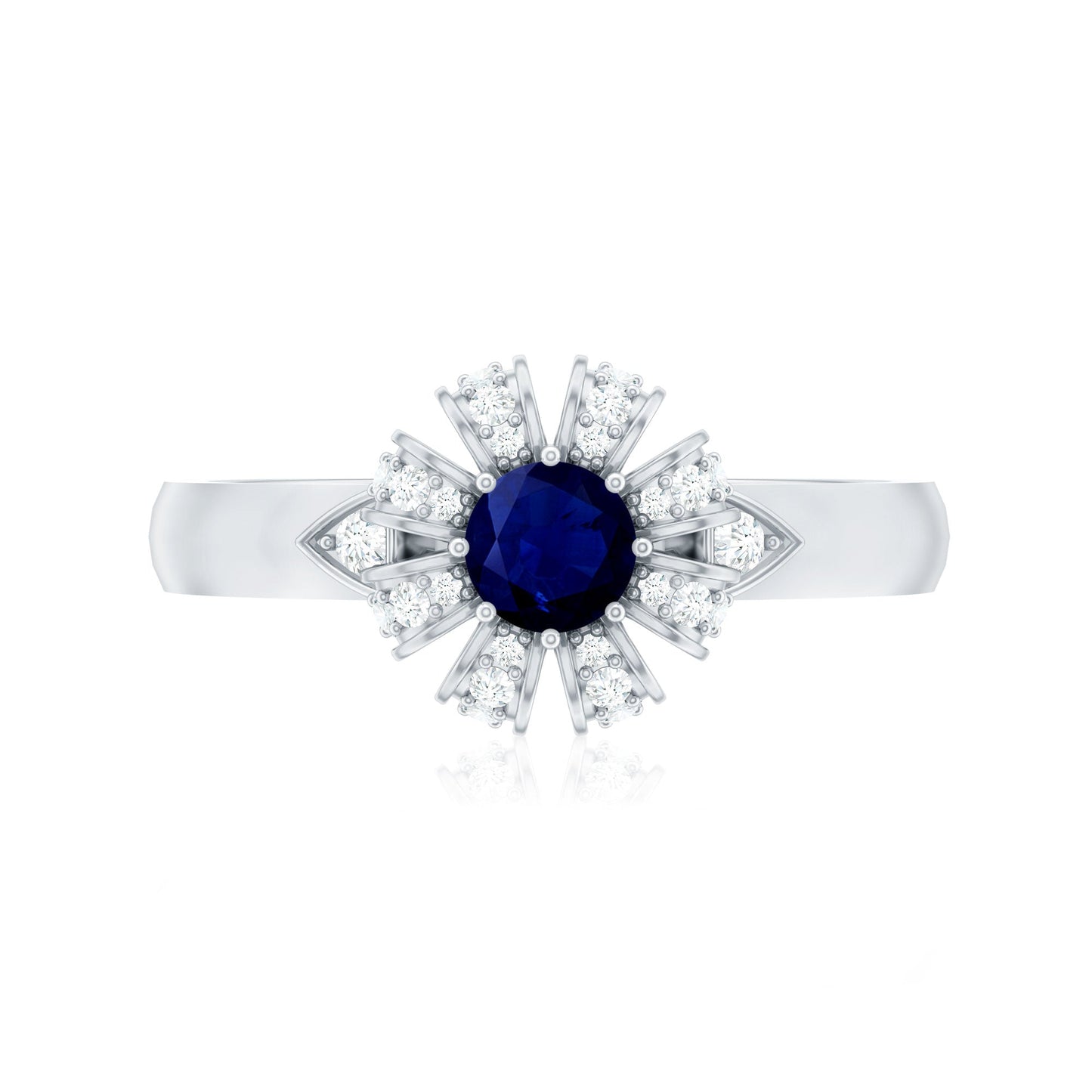 Real Blue Sapphire Flower Engagement Ring with Diamond