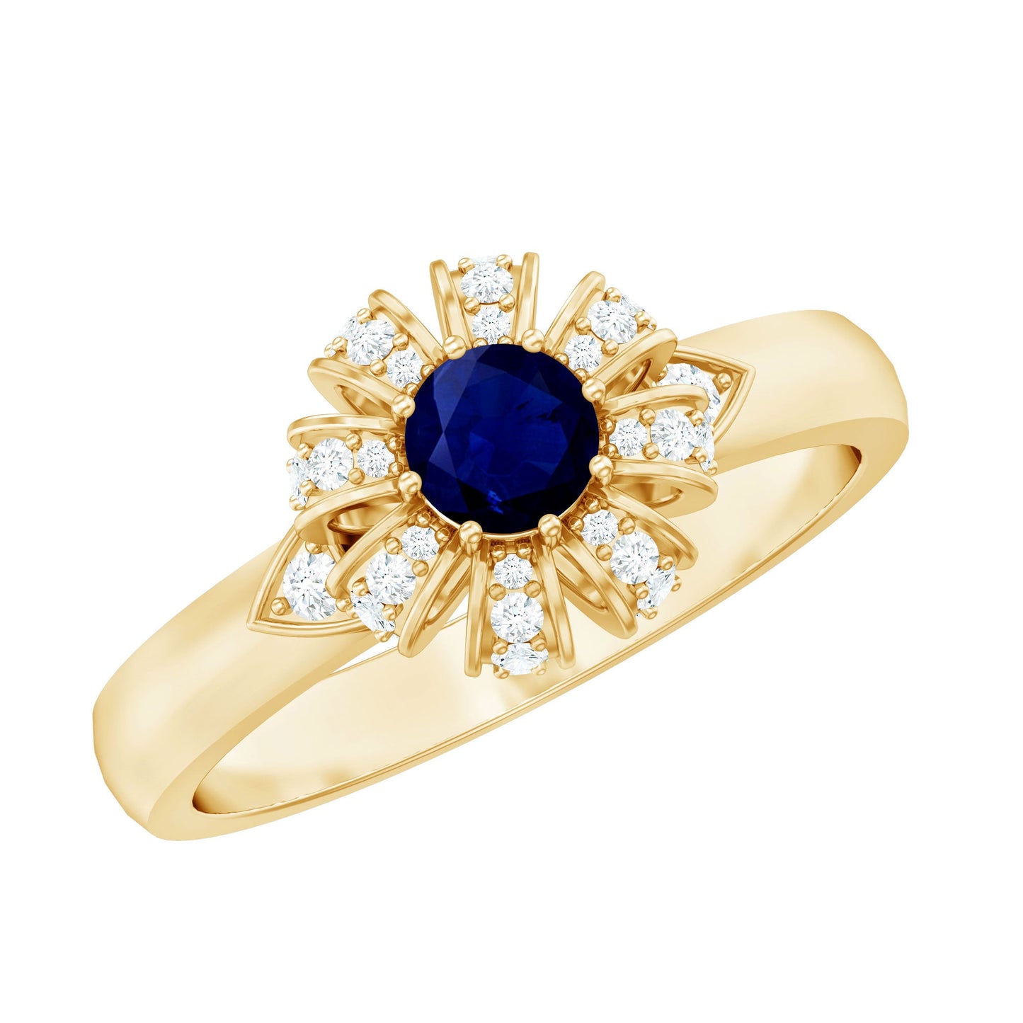 Real Blue Sapphire Flower Engagement Ring with Diamond