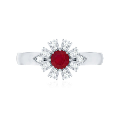 Natural Ruby Flower Engagement Ring with Diamond