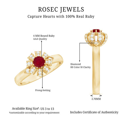 Natural Ruby Flower Engagement Ring with Diamond