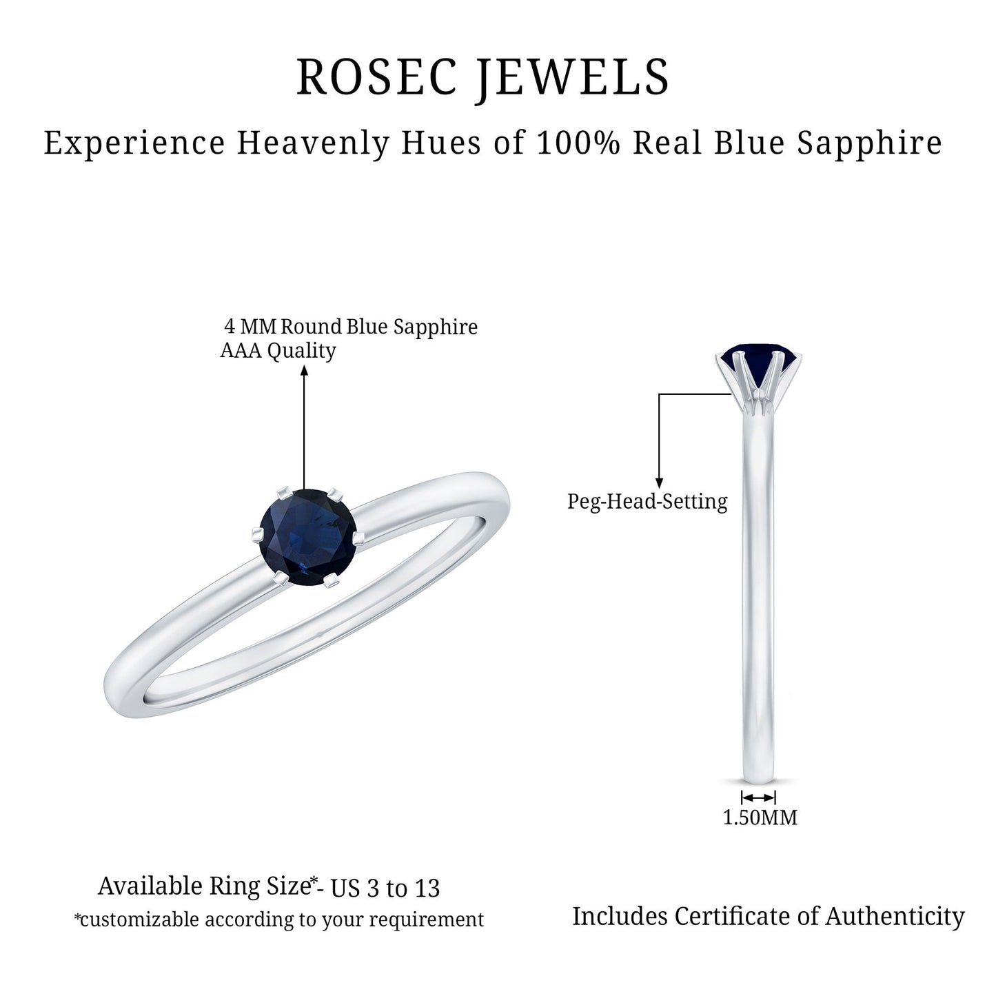 Genuine Blue Sapphire September Birthstone Ring for Women