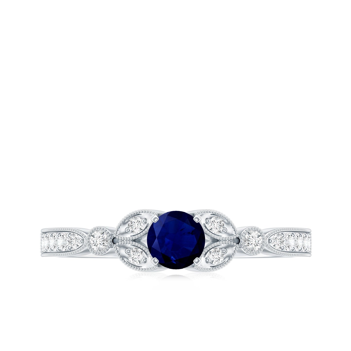 Vintage Inspired Blue Sapphire and Diamond Engagement Ring with Milgrain Details