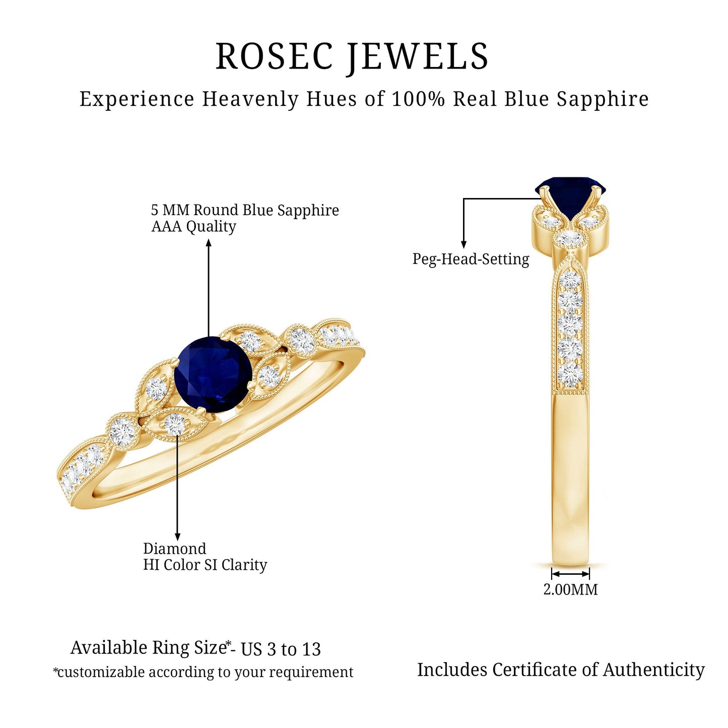 Vintage Inspired Blue Sapphire and Diamond Engagement Ring with Milgrain Details