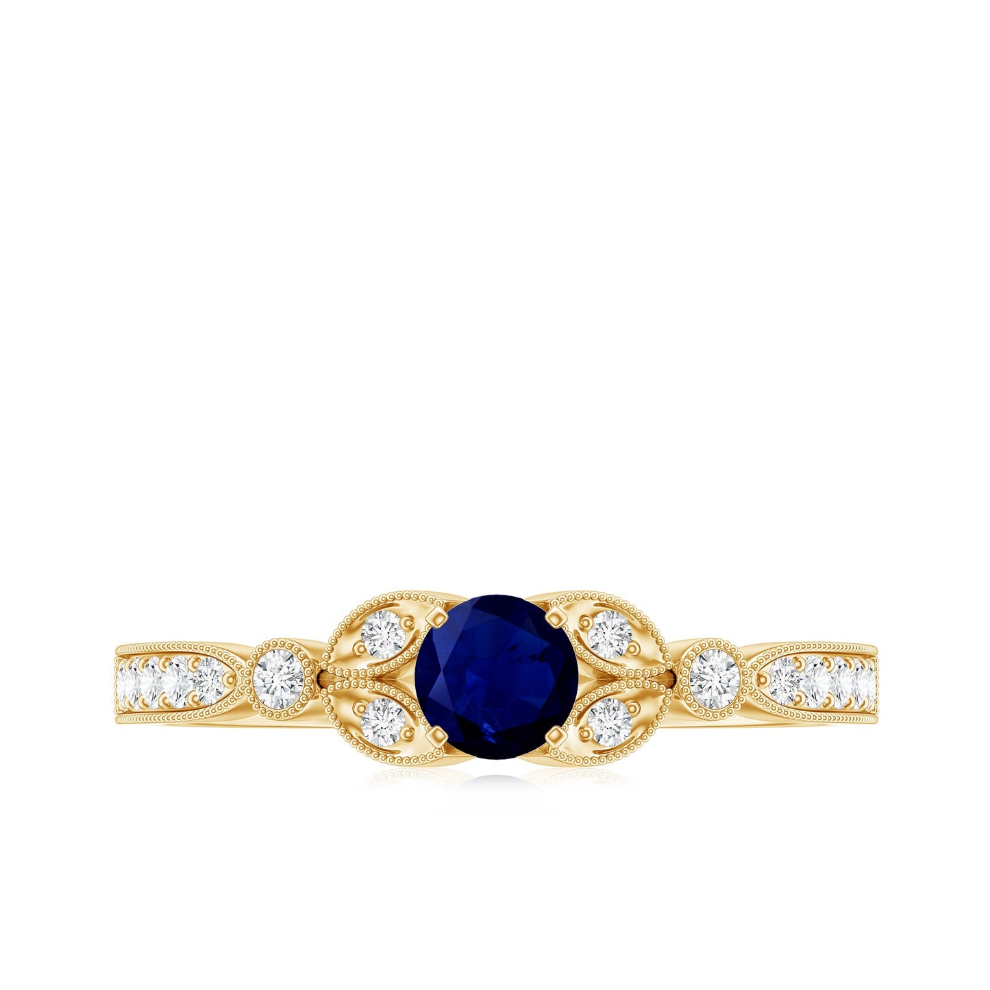 Vintage Inspired Blue Sapphire and Diamond Engagement Ring with Milgrain Details